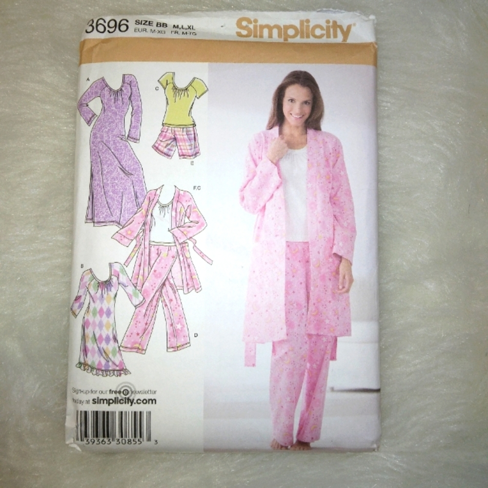 SIMPLICITY 3696 Sz M-L-XL Misses Lounge Pants Shorts Robe & Knit Nightgown & Top